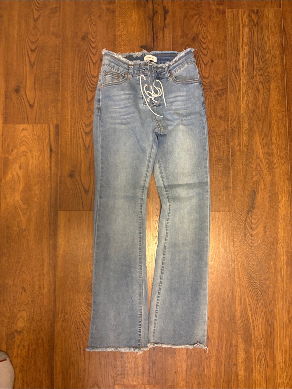 BAMBOO Light Blue High-Waist Flare Jeans with Drawstring